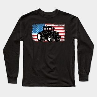 Farm Tractor Patriotic USA Flag Farmer Men Women Long Sleeve T-Shirt